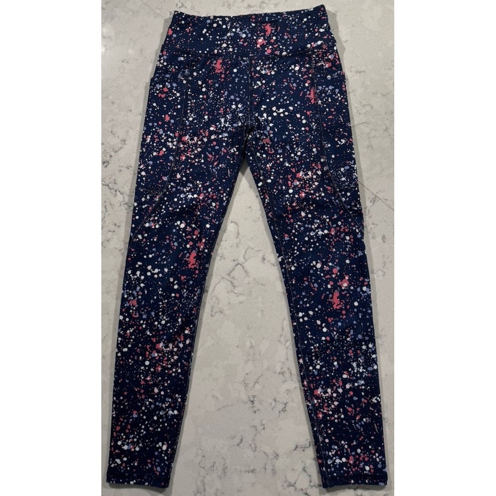 Athletic Works Leggings Girls Medium 7-8 Blue Pink Paint Splatter Stretch Casual